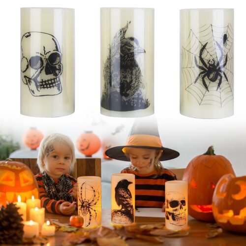 Halloween Flameless Candle Lamps with Timer, Set of 3 (Warm Orange Glow)