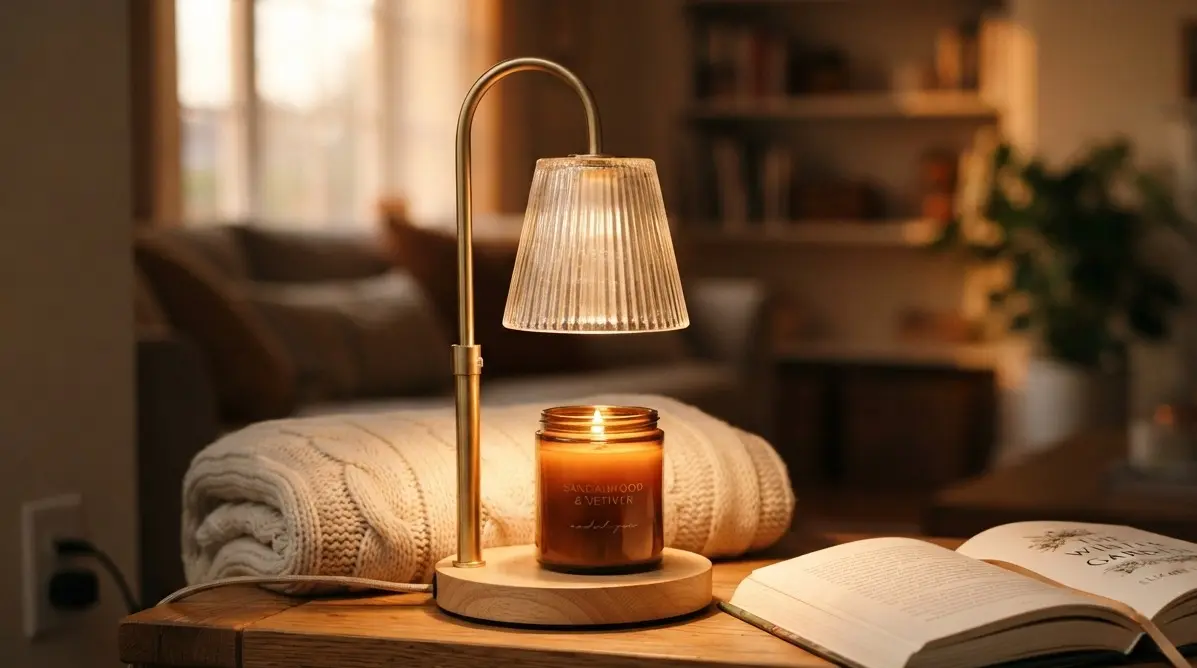 Candle warmer lamp with gold arch glowing over an amber jar candle in a cozy living room